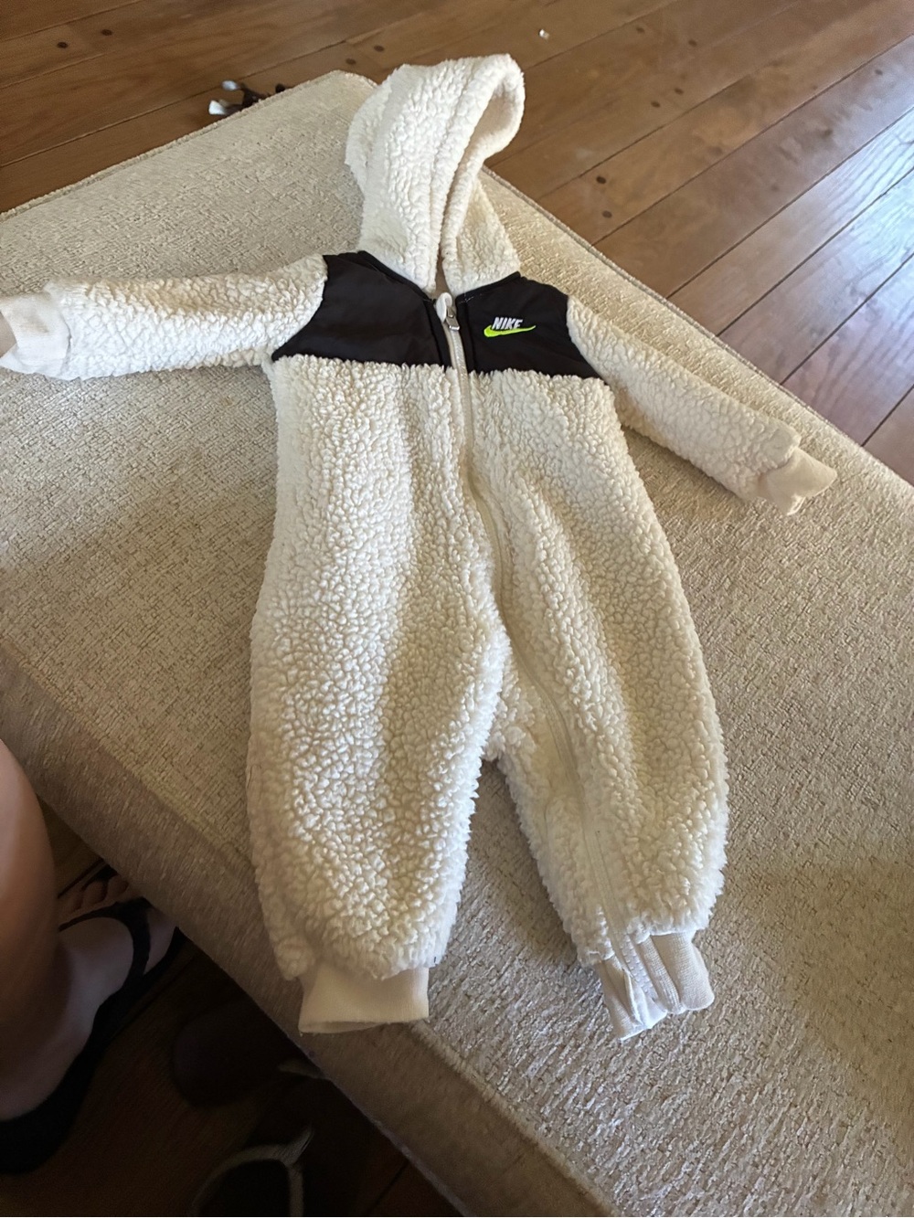 Nike Cream Sherpa Hooded One-Piece with Black Chest Panel and Neon Logo